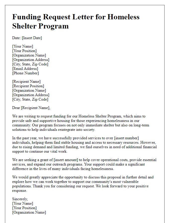 Letter template of funding request for homeless shelter program