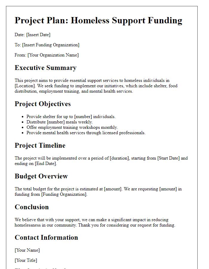 Letter template of project plan for homeless support funding