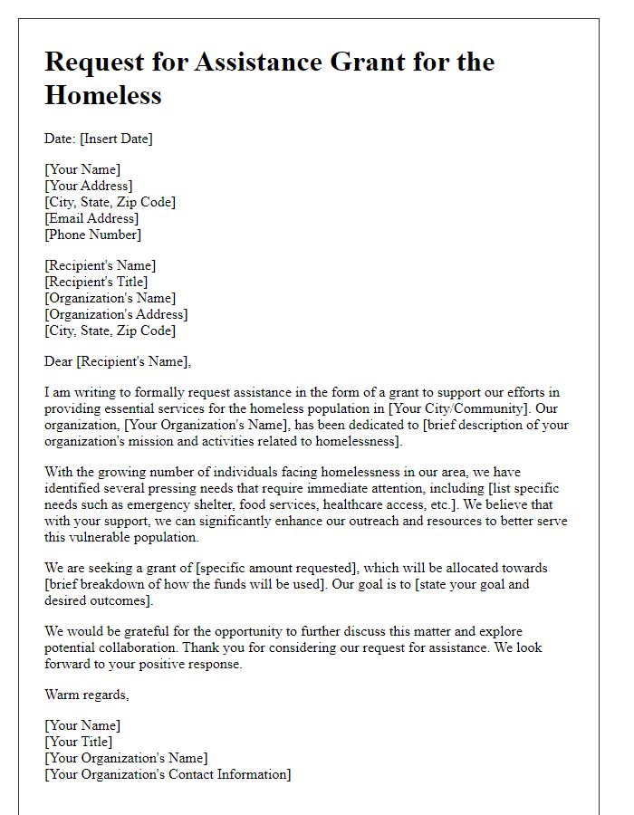 Letter template of request for assistance grant for the homeless