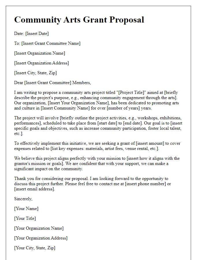 Letter template of community arts grant proposal.