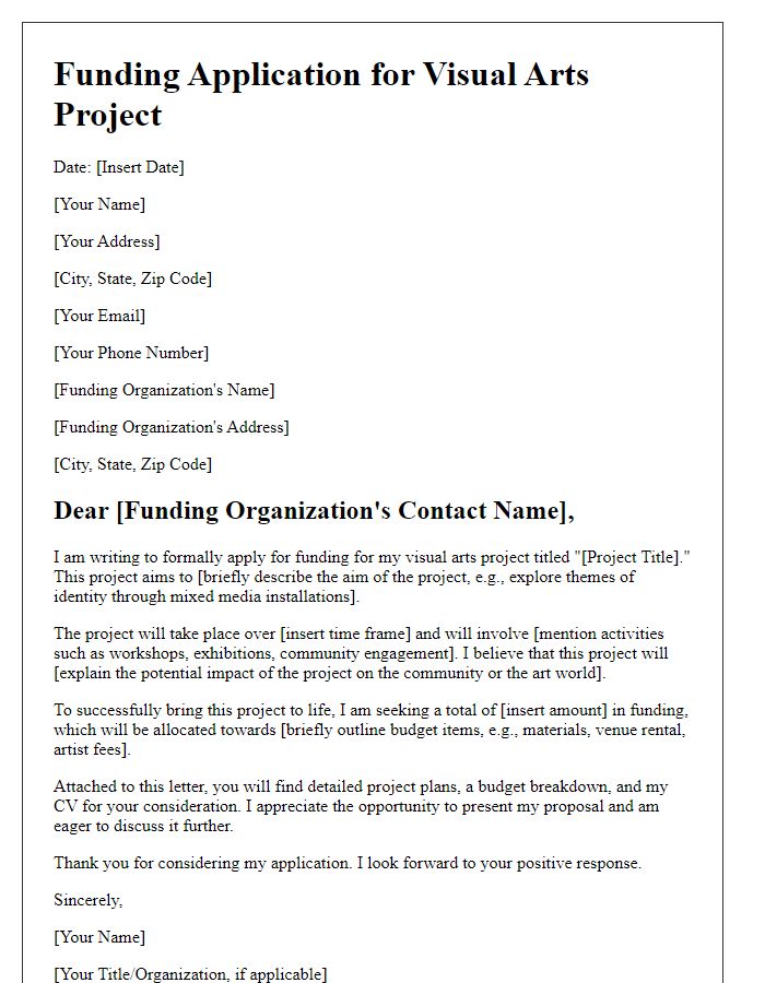 Letter template of funding application for visual arts project.