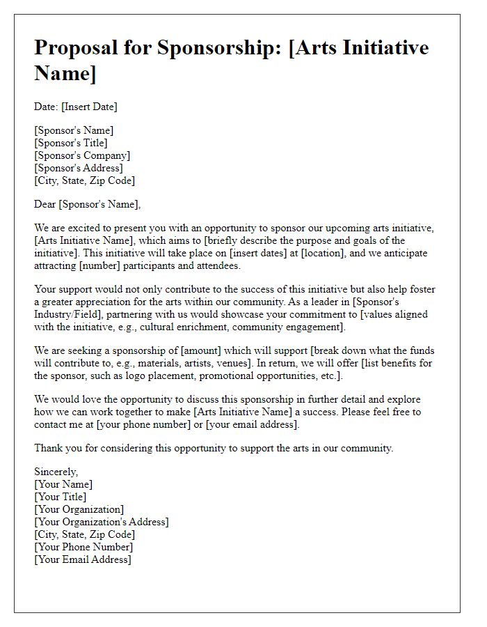 Letter template of proposal for arts initiative sponsorship.