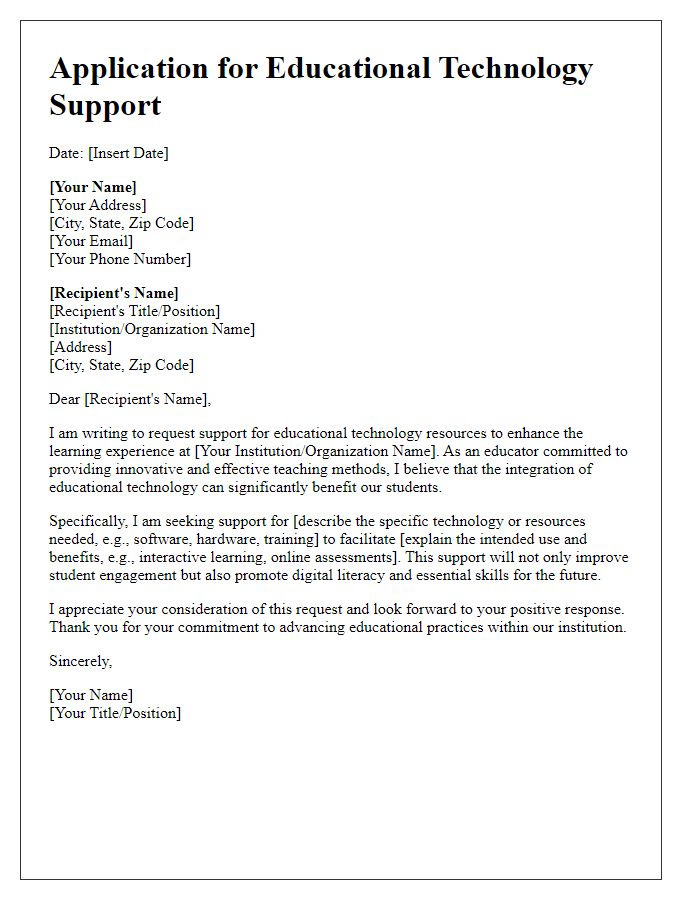 Letter template of application for educational technology support.