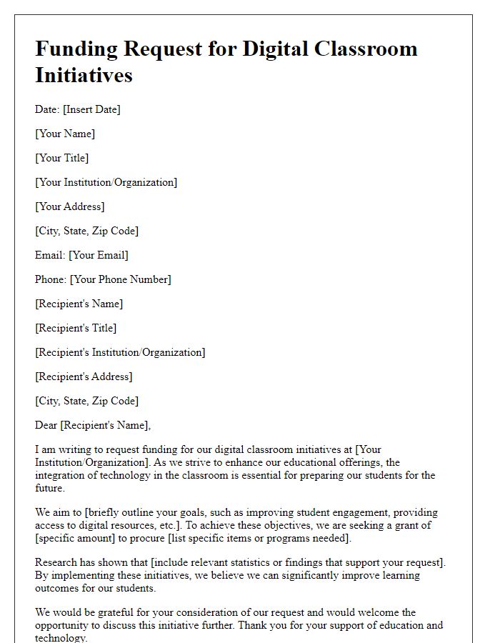 Letter template of funding request for digital classroom initiatives.