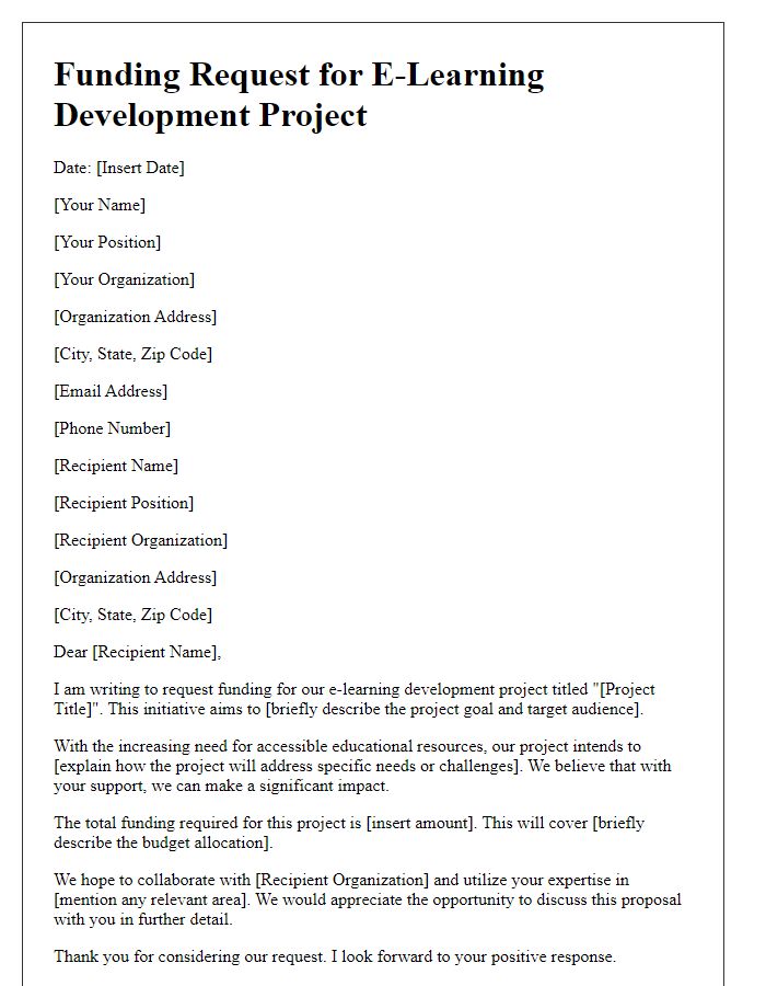 Letter template of funding request for e-learning development projects.