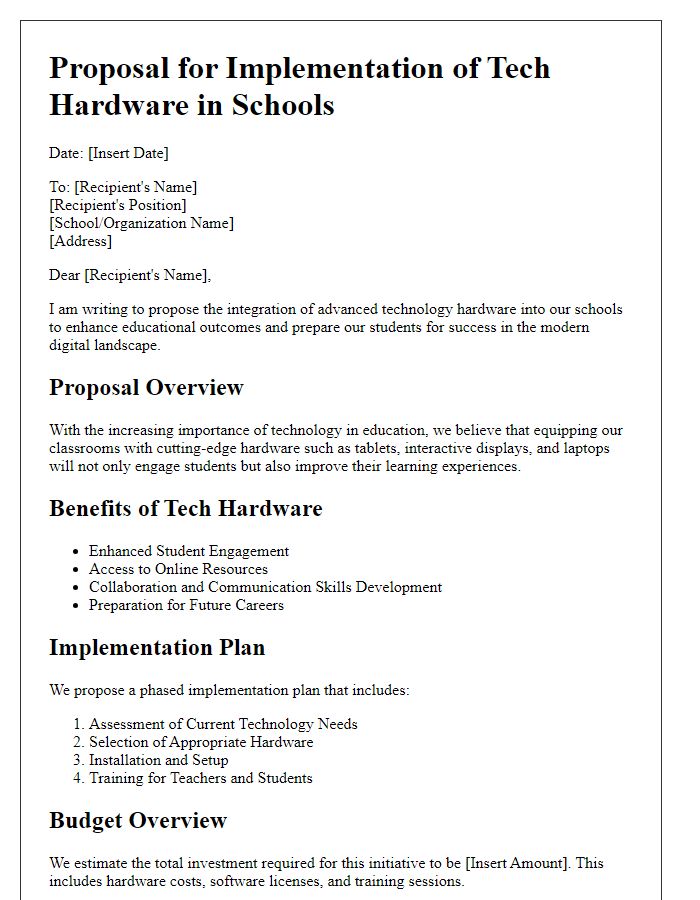 Letter template of proposal for tech hardware in schools.