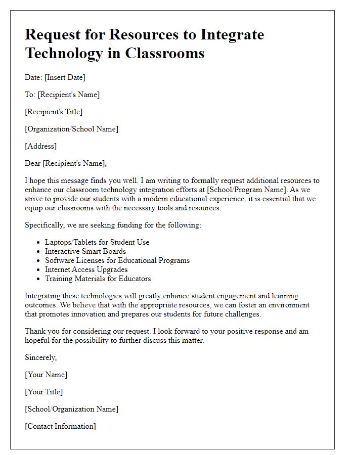 Letter template of request for resources to integrate tech in classrooms.