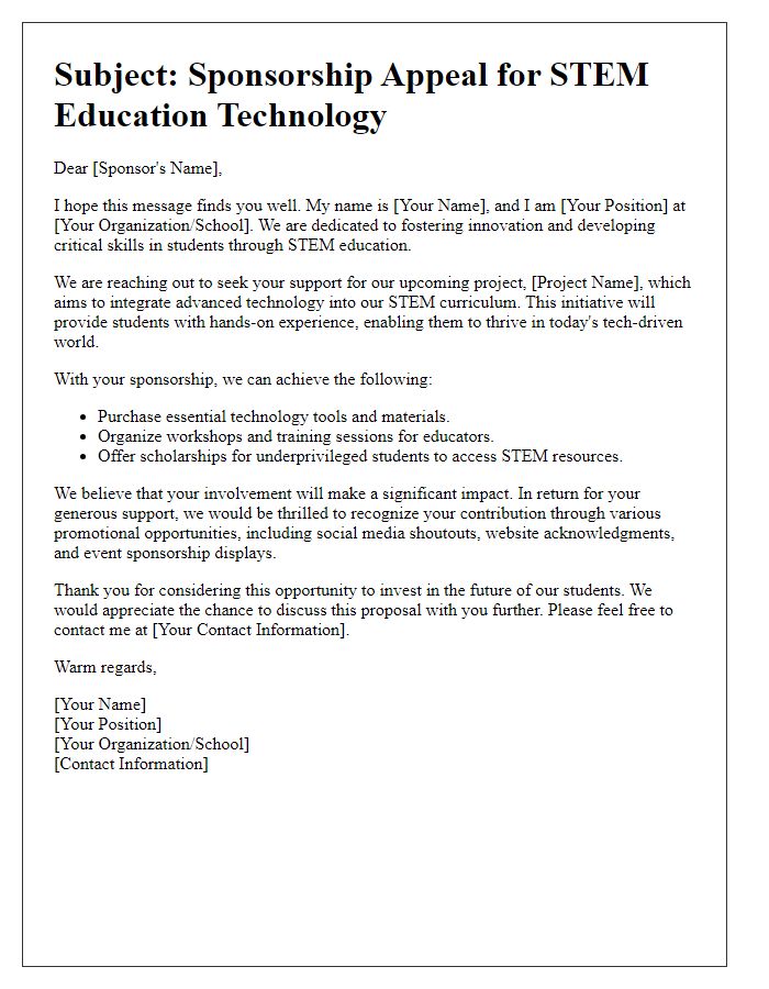 Letter template of sponsorship appeal for STEM education technology.