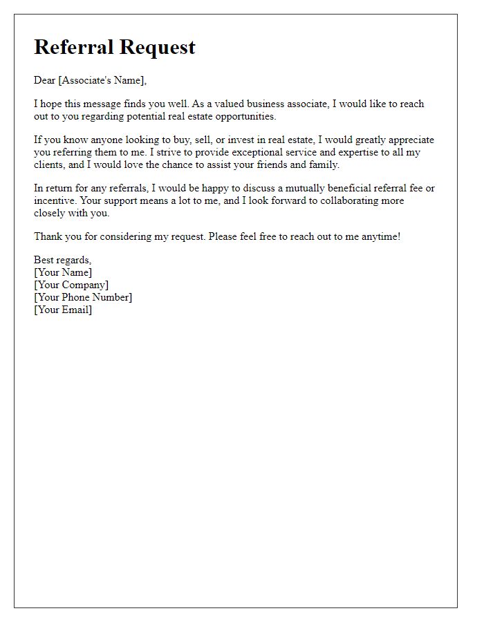 Letter template of real estate referral request for business associates