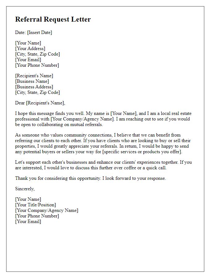 Letter template of real estate referral request for local businesses