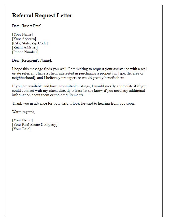 Letter template of real estate referral request for real estate agents