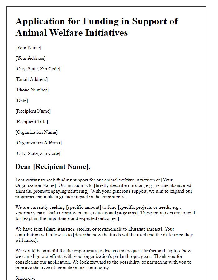 Letter template of application for funding in support of animal welfare initiatives