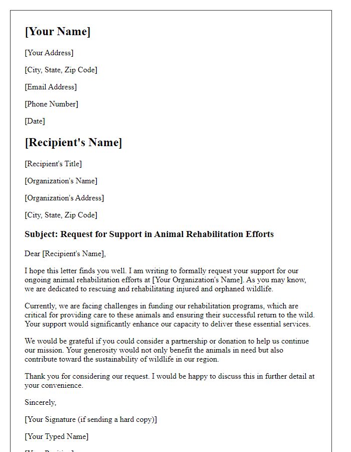 Letter template of formal request for support in animal rehabilitation efforts