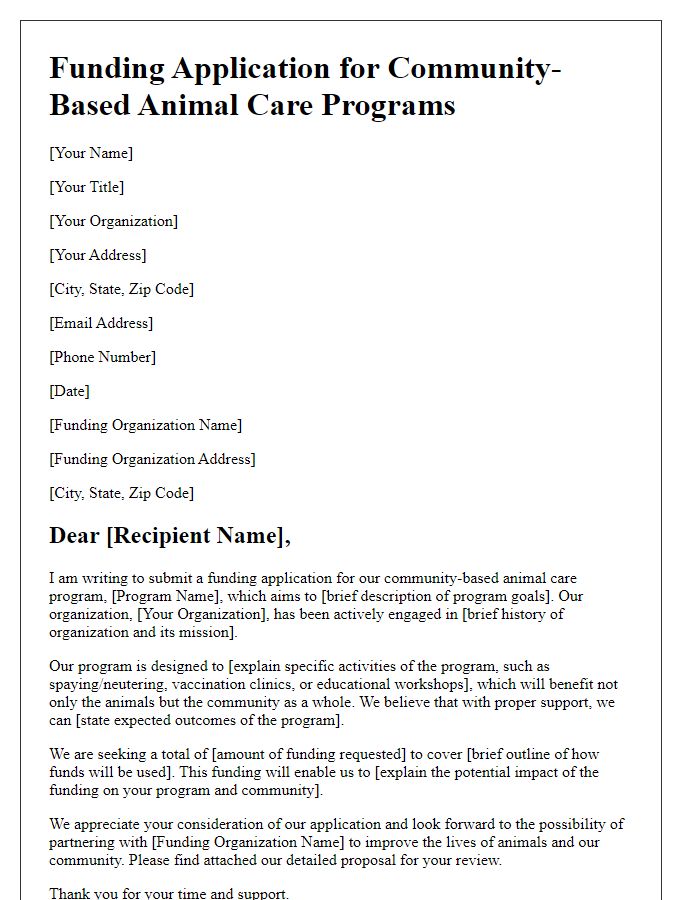 Letter template of funding application for community-based animal care programs