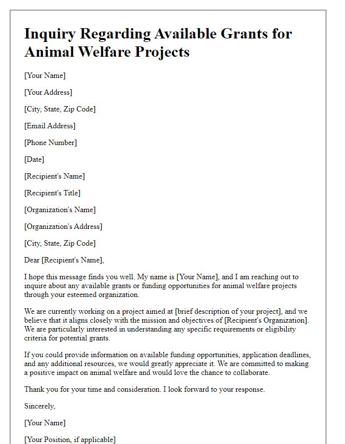 Letter template of inquiry regarding available grants for animal welfare projects