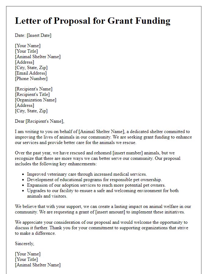 Letter template of proposal for grant funding to enhance animal shelter services