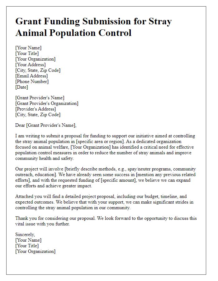 Letter template of submission for grant funding targeting stray animal population control