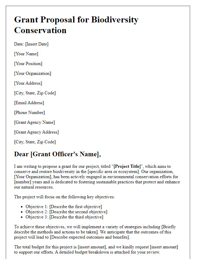 Letter template of biodiversity conservation grant proposal