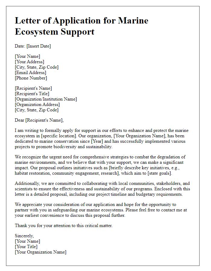 Letter template of application for marine ecosystem support