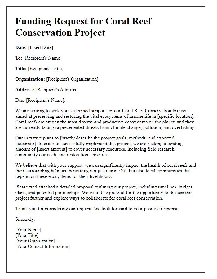 Letter template of funding request for coral reef conservation