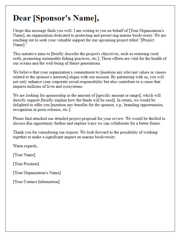 Letter template of sponsorship appeal for marine biodiversity project