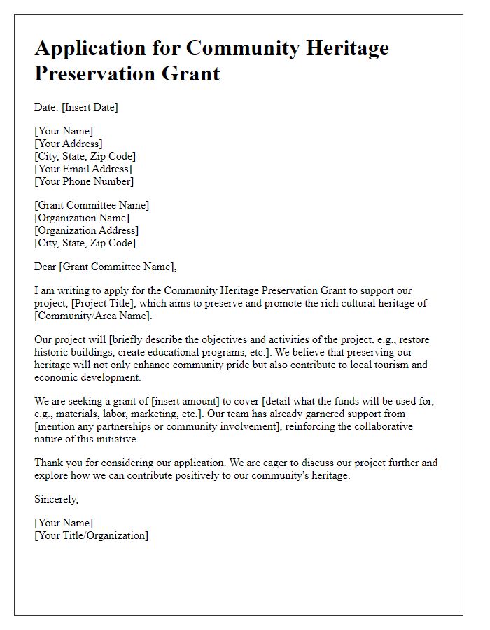 Letter template of application for community heritage preservation grant