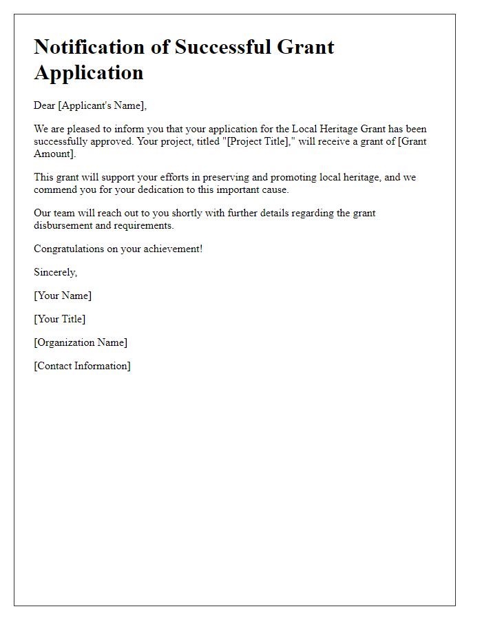 Letter template of notification for successful local heritage grant application