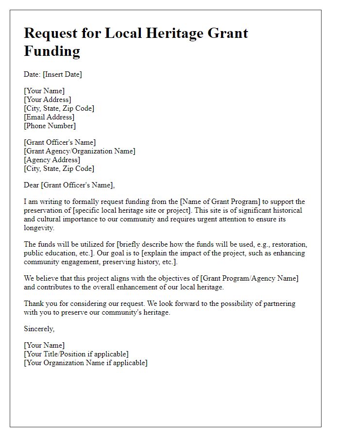 Letter template of request for local heritage grant funding