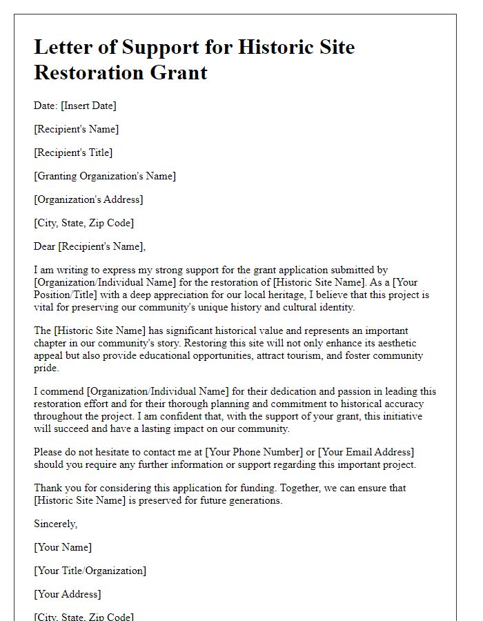 Letter template of support for historic site restoration grant