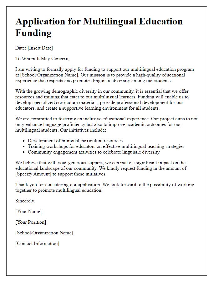 Letter template of application for multilingual education funding