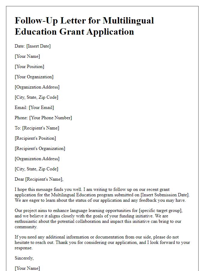 Letter template of follow-up for multilingual education grant application