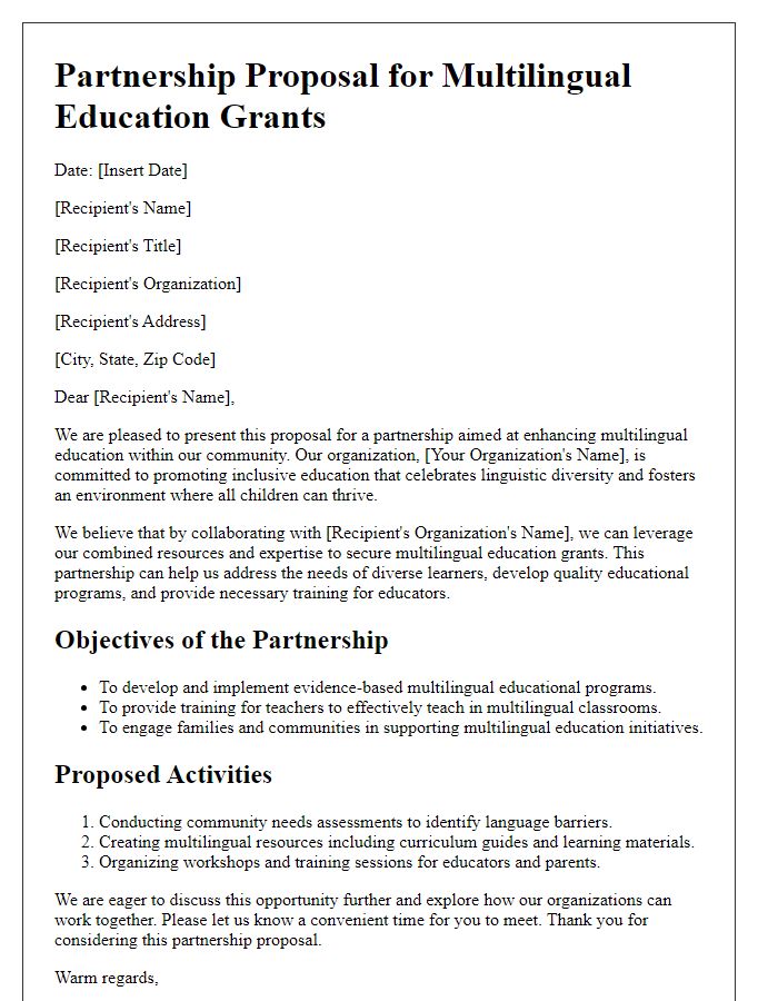 Letter template of partnership proposal for multilingual education grants