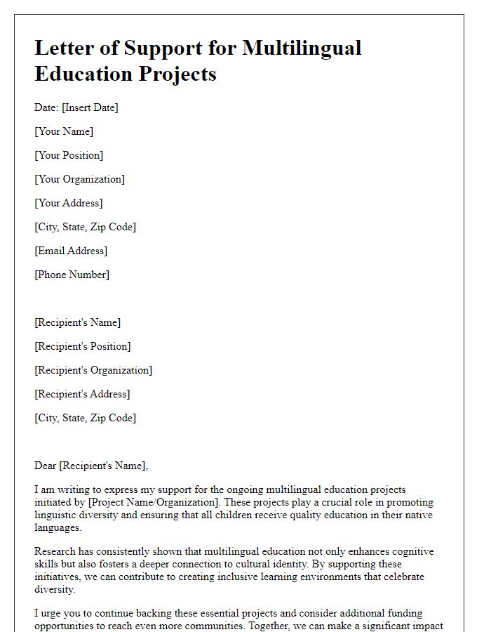 Letter template of support appeal for multilingual education projects