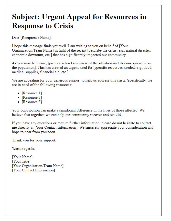 Letter template of appeal for resources in response to a crisis situation