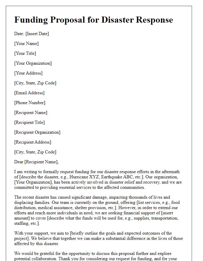 Letter template of funding proposal for disaster response