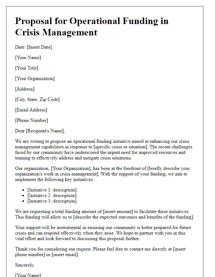 Letter template of proposal for operational funding in crisis management