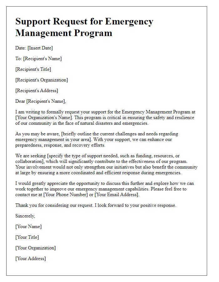 Letter template of support request for emergency management program