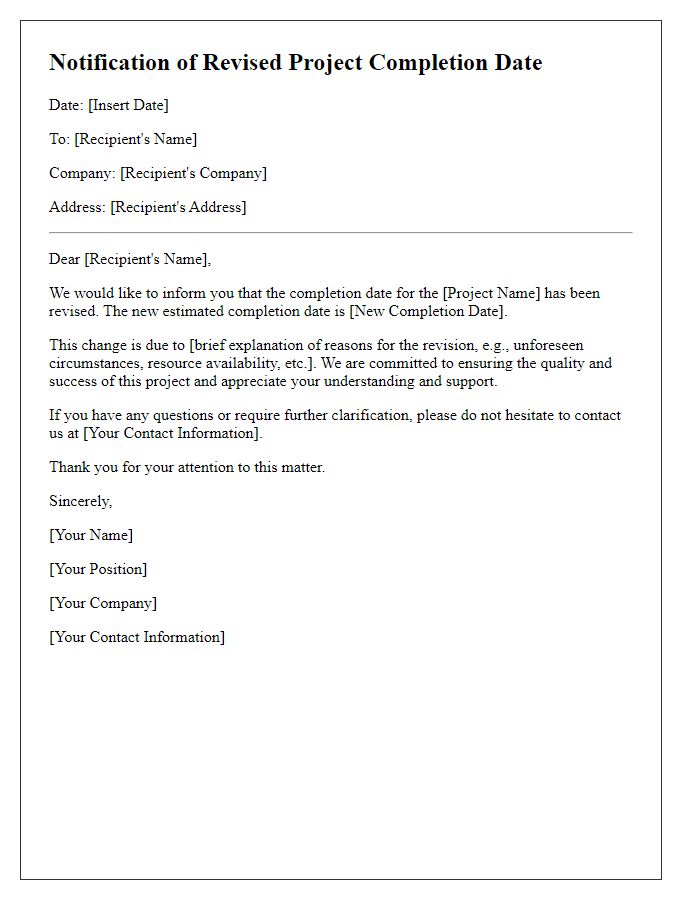 Letter template of notification for revised project completion date.