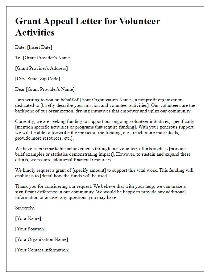 Letter template of appeal for grants to support volunteer activities