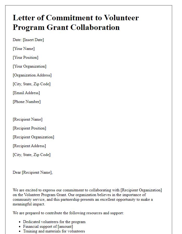 Letter template of commitment to volunteer program grant collaboration