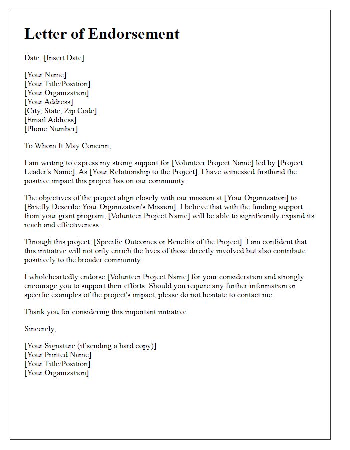 Letter template of endorsement for volunteer project grant application