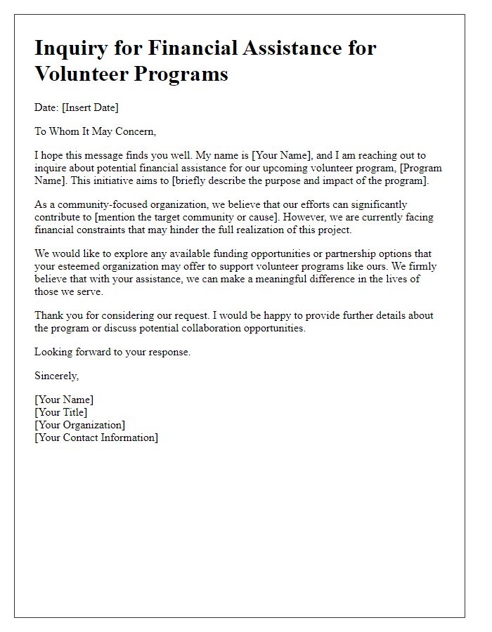 Letter template of inquiry for financial assistance for volunteer programs