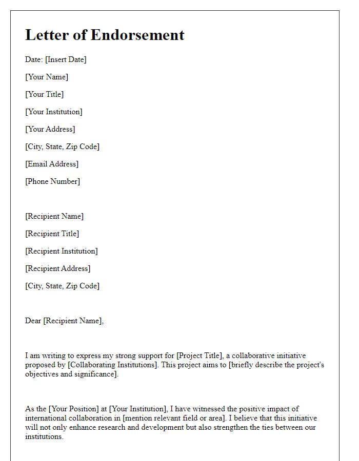 Letter template of endorsement for international collaboration grant initiative