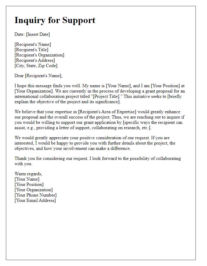 Letter template of inquiry for support on international collaboration grant proposal