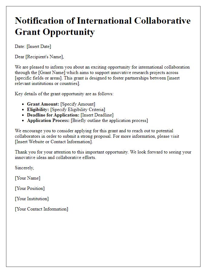 Letter template of notification regarding international collaborative grant opportunity