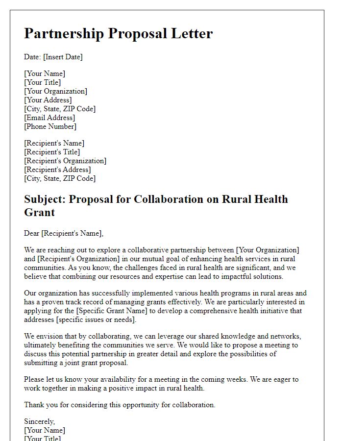 Letter template of partnership proposal for rural health grant collaboration