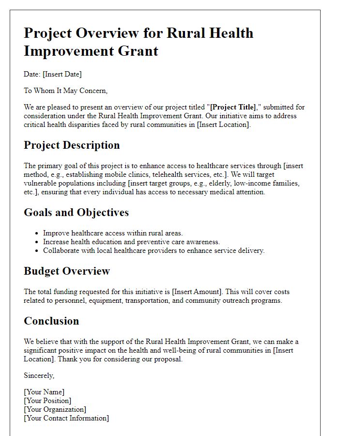 Letter template of project overview for rural health improvement grant