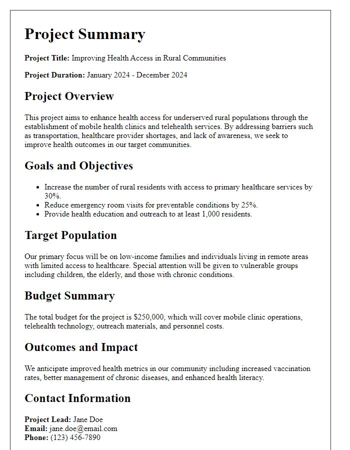 Letter template of project summary for rural health access grant