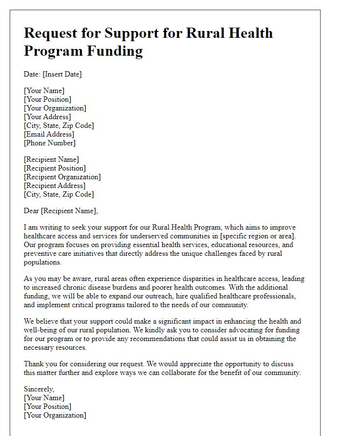 Letter template of support request for rural health program funding