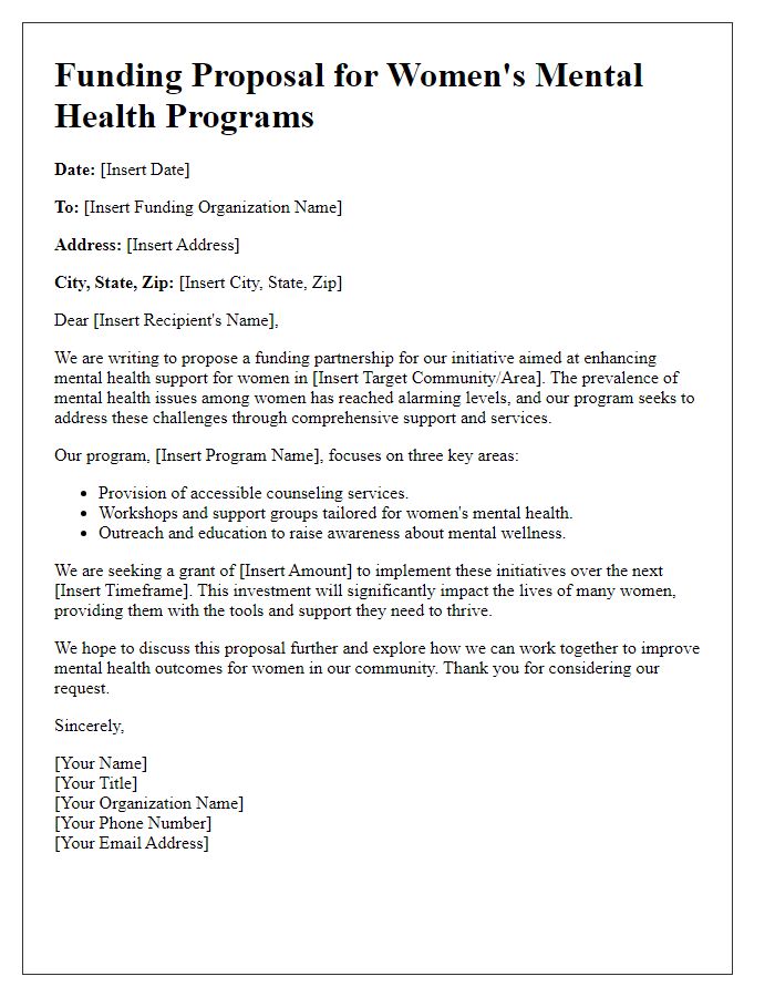 Letter template of funding proposal for women's mental health programs